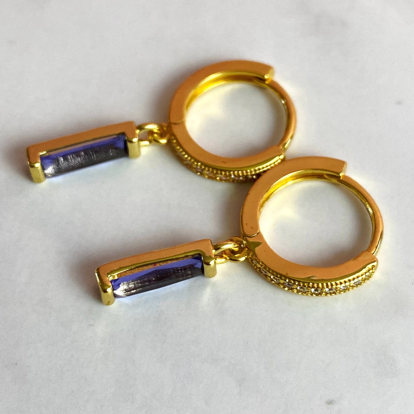 Dainty Gold-Plated Tanzanite CZ Bar Huggie Hoop Earrings | Handmade Jewelry