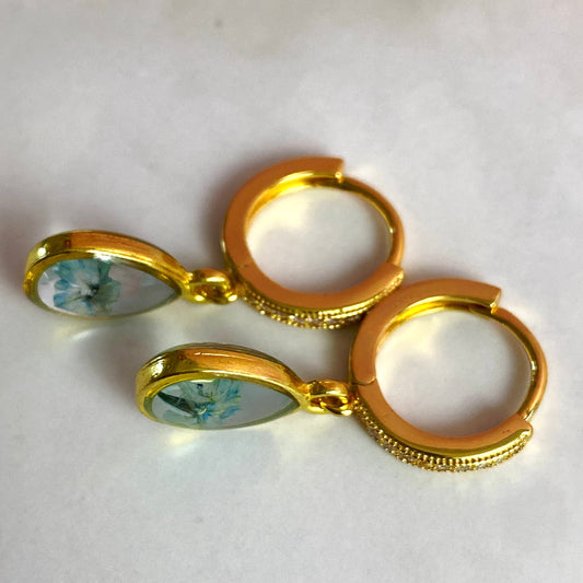 Pressed Flower Gold-Plated Huggie Hoop Earrings | Blue Flower Teardrop | Handmade Jewelry