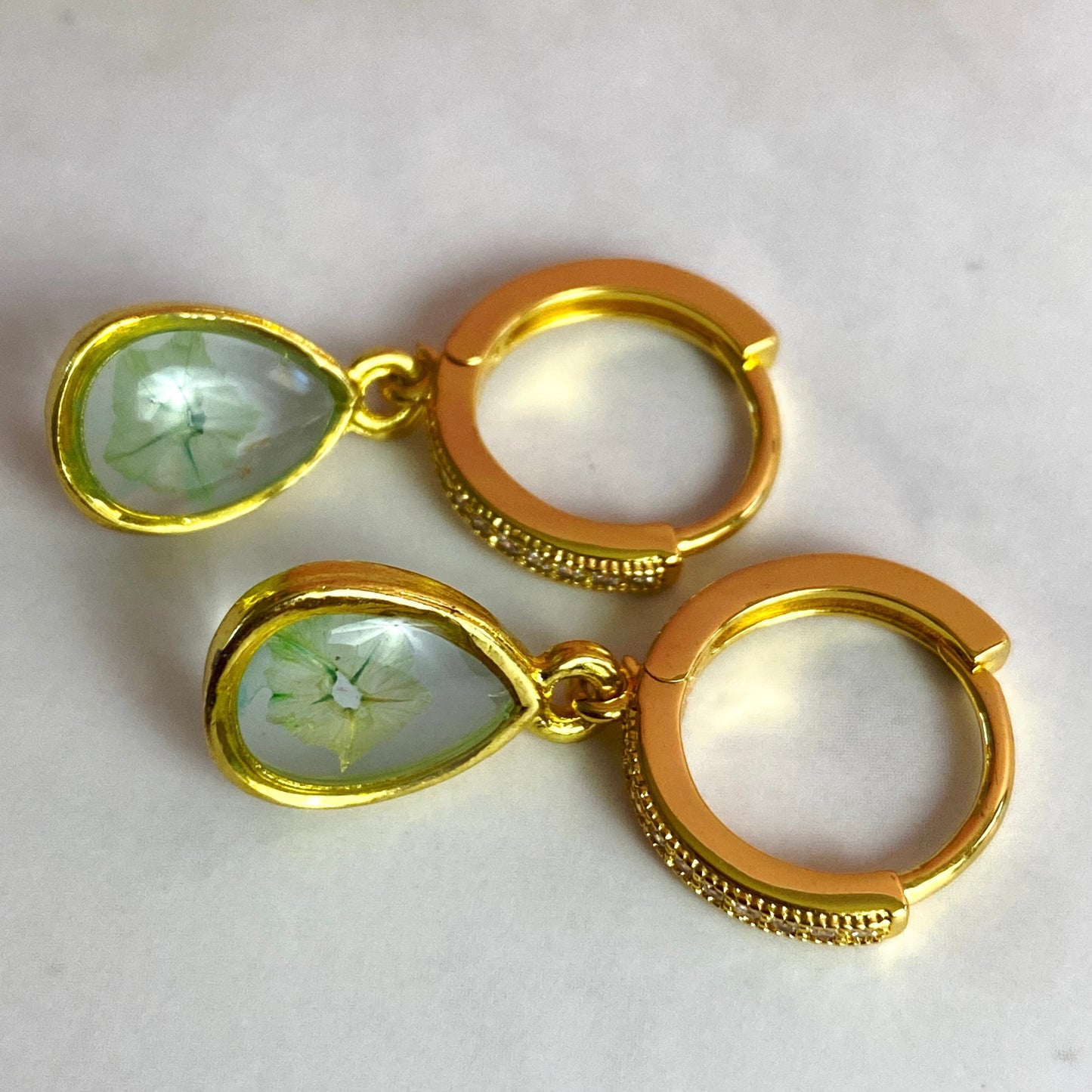 Pressed Flower Gold-Plated Huggie Hoop Earrings | Green Flower Teardrop | Handmade Jewelry