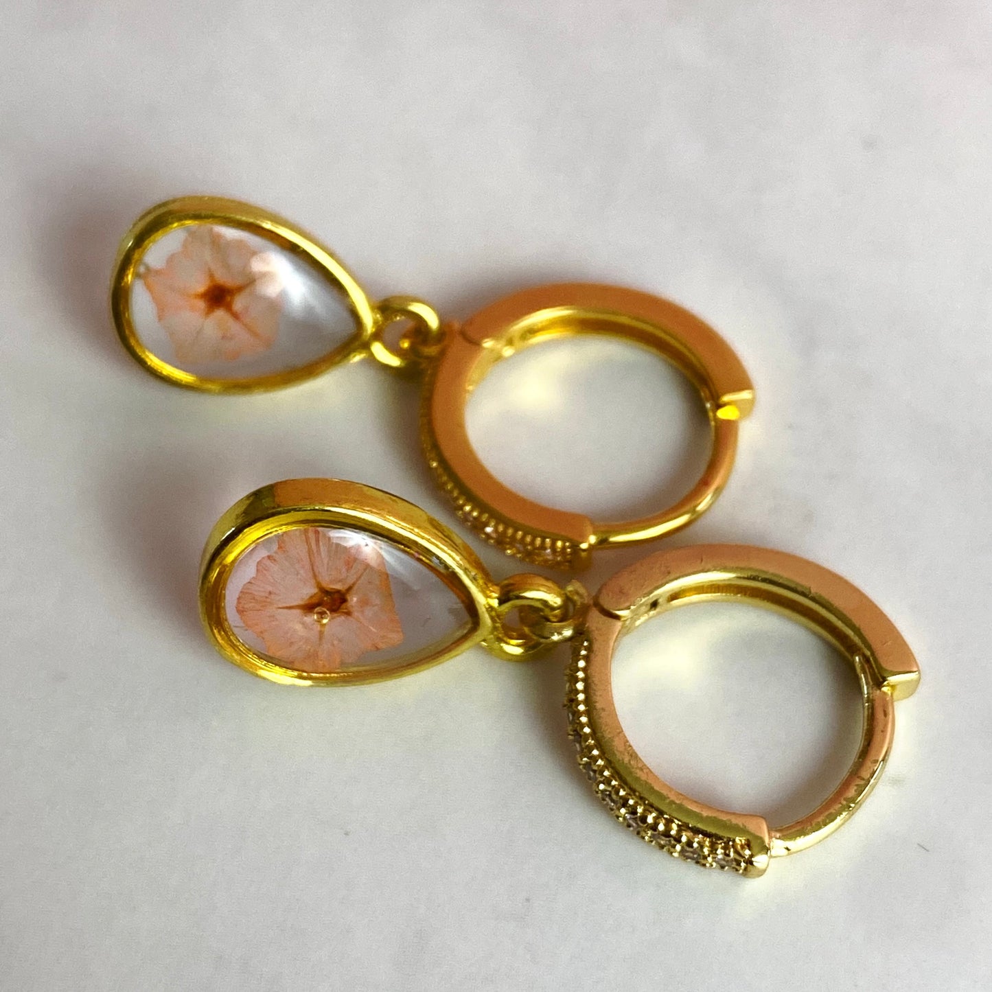Pressed Flower Gold-Plated Huggie Hoop Earrings | Peach Flower Teardrop | Handmade Jewelry