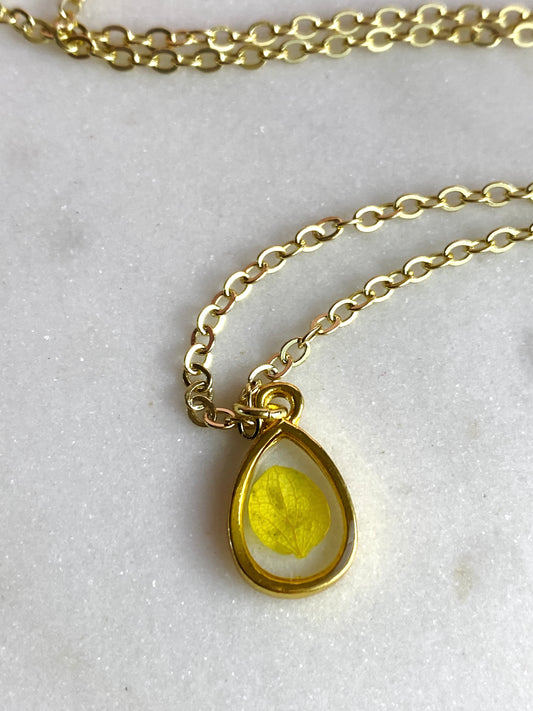 Pressed Flower Necklace | Yellow Petal Teardrop | Handmade Jewelry