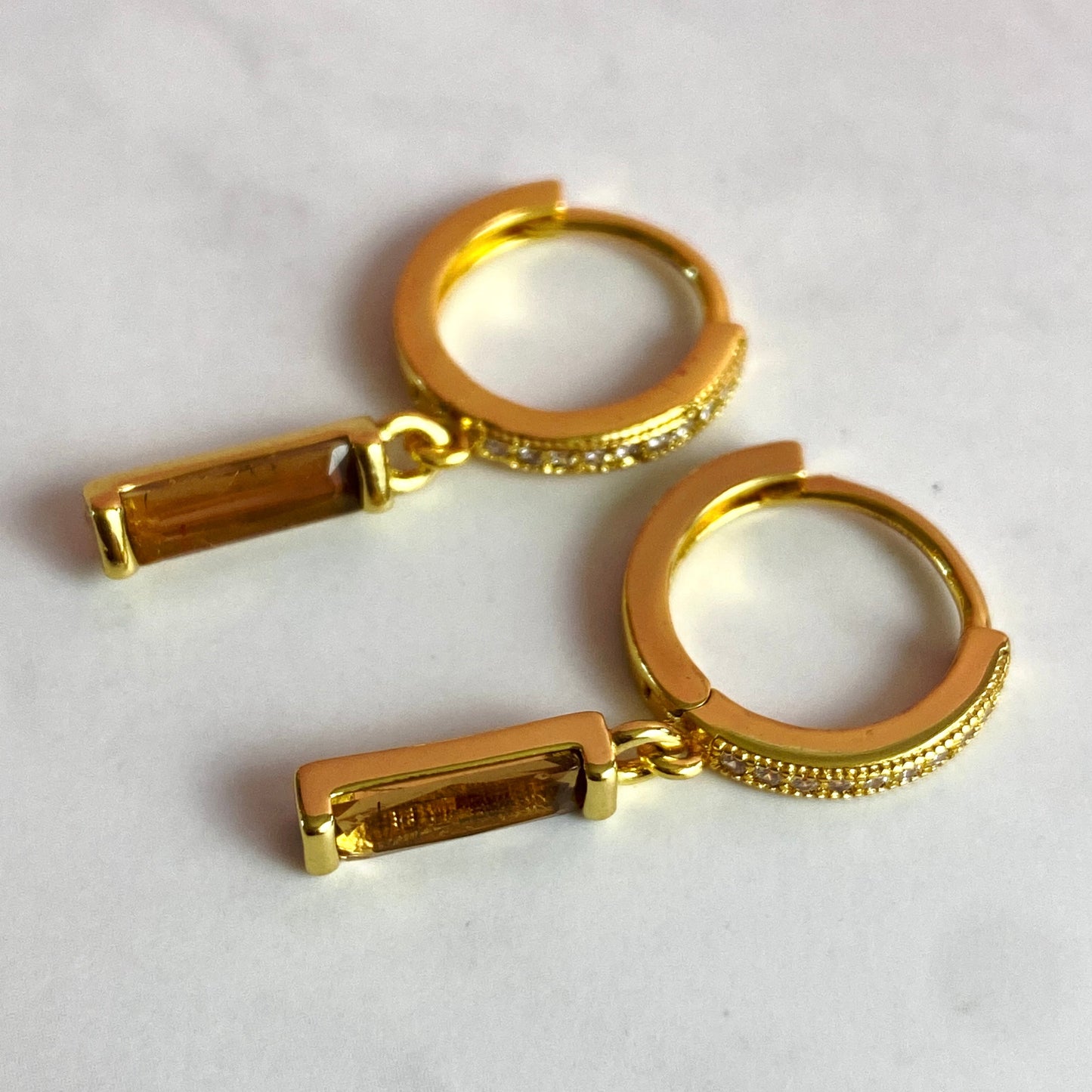 Dainty Gold-Plated Topaz CZ Bar Huggie Hoop Earrings | Handmade Jewelry